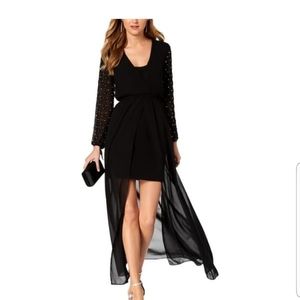 Black hi-lo evening dress. Beaded sleeves, comfort